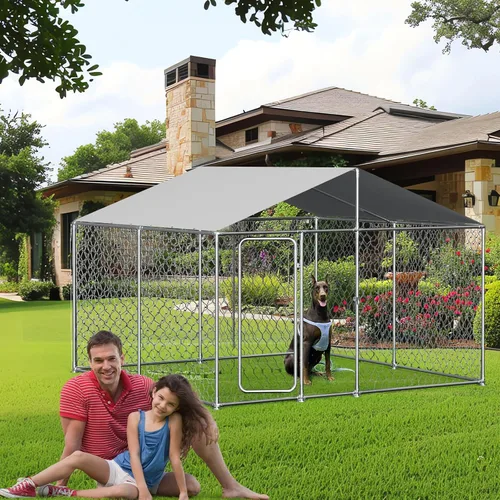 Vista 2 de Perrera grande para perros al aire libre de 10'x10', perrera para perros de acero galvanizado resistente afuera con cubierta impermeable resistente