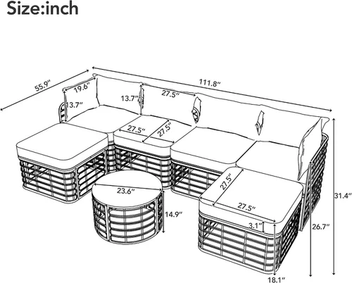 Vista 2 de Juego de 7 muebles de patio al aire libre, juego de sofá modular de ratán para todo tipo de clima con cojines gruesos y almohadas, mesa de centro