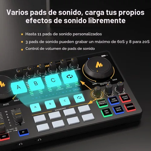 Vista 3 de MAONO Kit de Equipo de Podcast Interfaz de Audio de 10 Canales y Micrófono Dinámico XLR MaonoCaster con Preamplificador Profesional, 48V, Bluetooth
