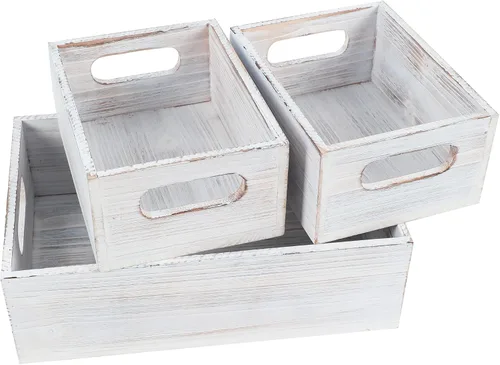 Vista 10 de PHOENANCEE Cajas de madera para exhibición, cajas decorativas rústicas de almacenamiento, juego de 3, caja anidable de madera con asas, cesta
