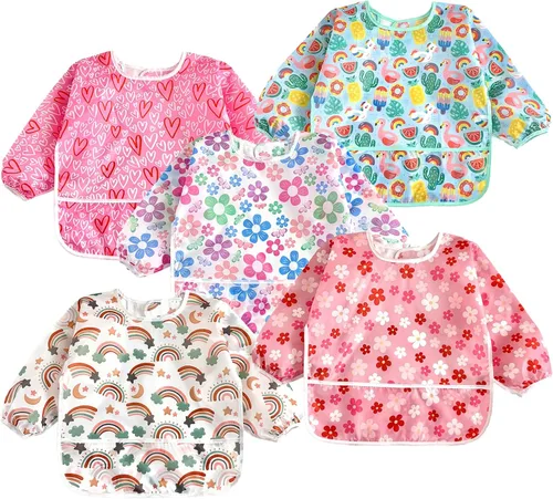 Vista 9 de PandaEar Paquete de 5 baberos de manga larga para bebé, babero impermeable de manga completa para bebés de 6 a 36 meses