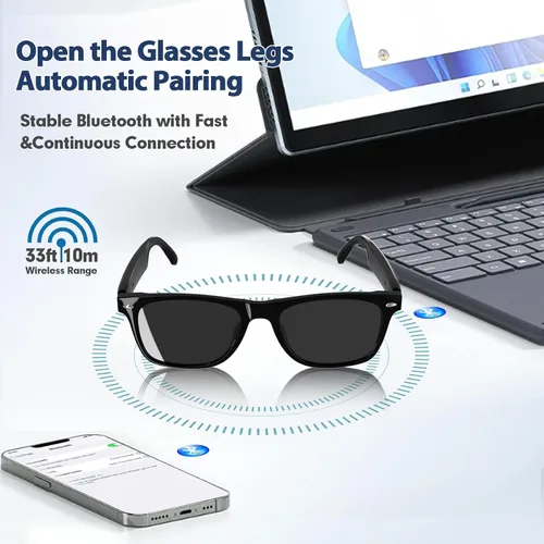 Vista 3 de Xmenha Gafas de sol inteligentes Bluetooth para hombres con altavoces, Bluetooth lentes inteligentes con dientes azules, audio con luz azul, gafas
