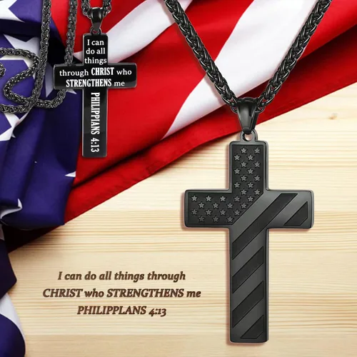 Vista 5 de Regalos para adolescentes y novios, cadena negra de bandera estadounidense para hombre, collar con colgante de cruz para hombre, regalos
