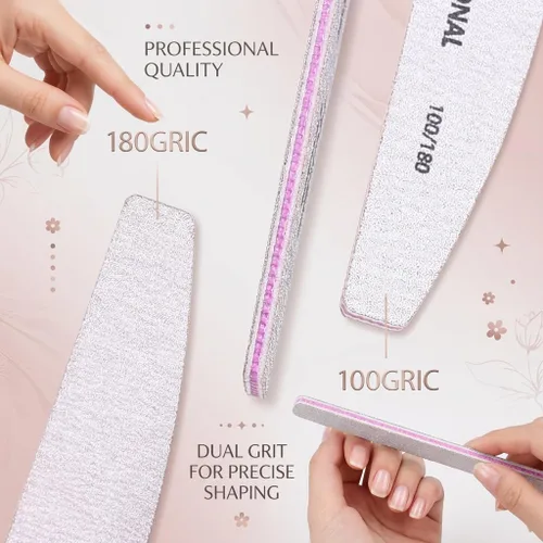 Vista 6 de 25 limas de uñas profesionales de media luna, grano 100/100 de doble cara, herramientas reutilizables para limar uñas naturales y acrílicas