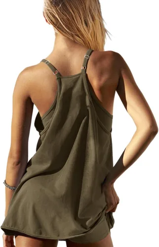 Vista 2 de UNIANKIYA Enterizo de entrenamiento para mujer con pantalones cortos debajo, sin mangas, tirantes delgados, trajes atléticos, trajes casuales