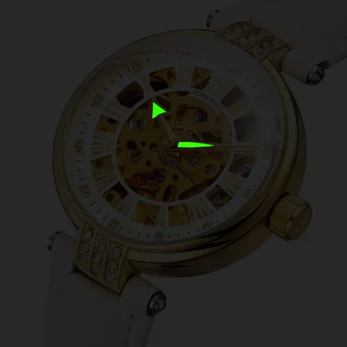 Vista 6 de Reloj de pulsera para mujer, analógico, números romanos esqueleto cristal automático automático automático reloj de cuero mecánico