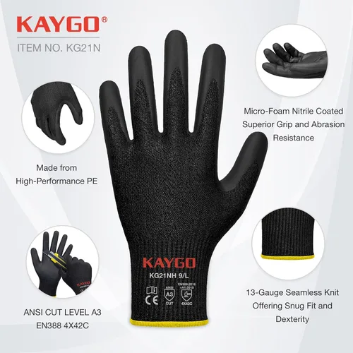 Vista 2 de KAYGO - Guantes de nitrilo resistentes a cortes para tareas de agarre aceitoso y húmedo ANSI A3, HPPE/Forro de fibra de vidrio, agarre