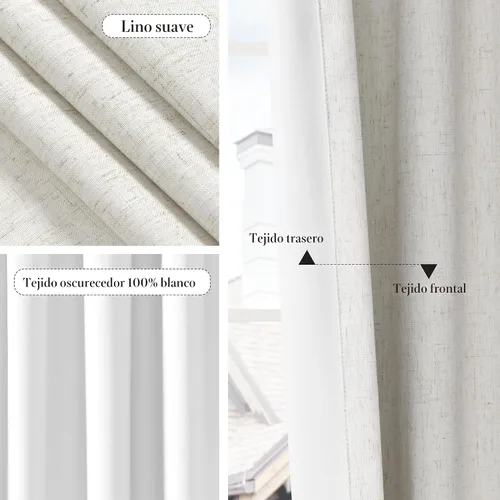 Vista 5 de Joywell 2 cortinas opacas 100%, lino, crema, beige natural, pasabarras/trabillas traseras/cinta con ganchos/anillas con pinzas, aislantes