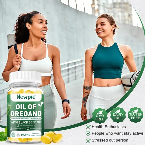 Vista 6 de Aceite de orégano Newpie con cápsulas blandas de aceite de semilla negra, 120 cápsulas blandas, aceite equilibrado de orégano, suplemento formulado