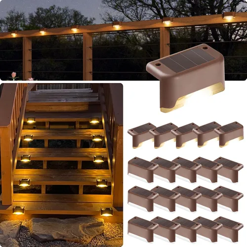 Vista 9 de GIGALUMI - Luces solares para cubierta al aire libre, paquete de 16, impermeables, LED, luces solares para escaleras, escalones, vallas, Blanco frío