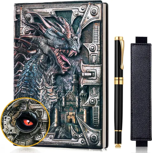 Vista 11 de Cuaderno vintage de cuero con relieve de dragón DND, cuaderno de viaje con bolígrafo negro y funda para bolígrafo. Diario A5 antiguo hecho a mano