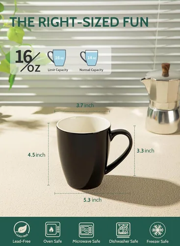 Vista 2 de Sweese Tazas de café de porcelana – 16 onzas (arriba al borde) para café, latte, té, cacao, juego de 4, negro