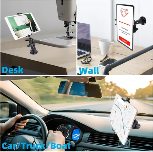 Vista 2 de Soporte para tablet de automóvil de aluminio con base de taladro resistente, compatible con iPad Pro Mini de 4.7 a 15 pulgadas, tabletas Samsung