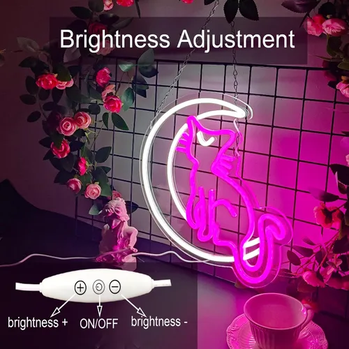 Vista 2 de SmilingTown Letreros de neón rosa y blanco para decoración de pared, funciona con USB, luces decorativas de neón de luna y gato para el hogar