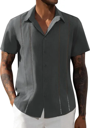 Vista 11 de Camisa de manga corta de lino para hombre de DEMEANOR, camisa guayabera cubana con botones, camisa casual de verano para la playa, la vacación