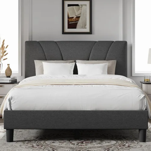 Vista 12 de Novilla Base de cama de tamaño matrimonial con plataforma de cabecera ajustable, base de cama matrimonial con cabecera tapizada de tela de lino,