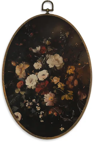 Vista 14 de XBBMGG Dark Academia Moody Arte de Pared Floral, Decoración Colgante de Pared Redonda con Flores Bohemias Oscuras de Otoño, Impresiones en Lienzo