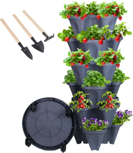 Vista 55 de GameXcel Torre de maceta vertical, macetas apilables de 3 niveles con ruedas y herramientas de jardín, macetas para plantas de fresa, hierbas
