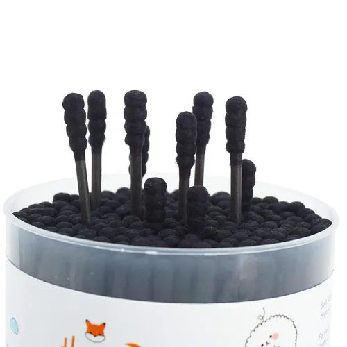 Vista 3 de Hisopos de algodón negro en espiral, 200 unidades de algodón orgánico, gótico, para baño, firmemente envueltos, puntas de algodón de carbón, palillo