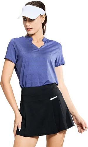 Vista 2 de MIER Polo de golf para mujer, sin cuello, UPF 50+, manga corta, para tenis, correr, cuello en V