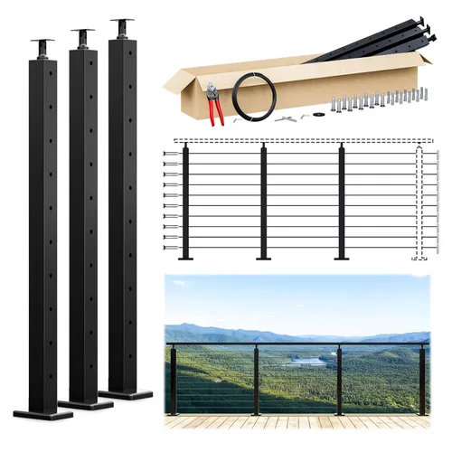 Vista 10 de Muzata Paquete de 4 postes de barandilla de cable negro de 36 pulgadas, 36 x 2 x 2 pulgadas, montaje en superficie perforada de nivel T304, kit