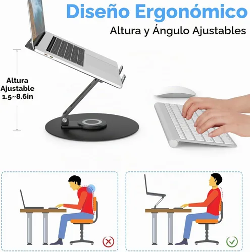 Vista 6 de Soporte giratorio para computadora portátil para escritorio, soporte de computadora de aluminio de altura ajustable con base giratoria de 360 Negro