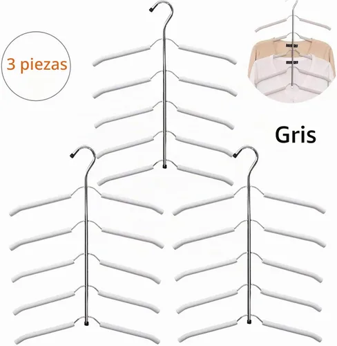 Vista 4 de Perchas de ropa multicapa para blusas, árboles, paquete de 3 perchas 5 en 1 antideslizantes para ahorrar espacio de acero inoxidable para colgar