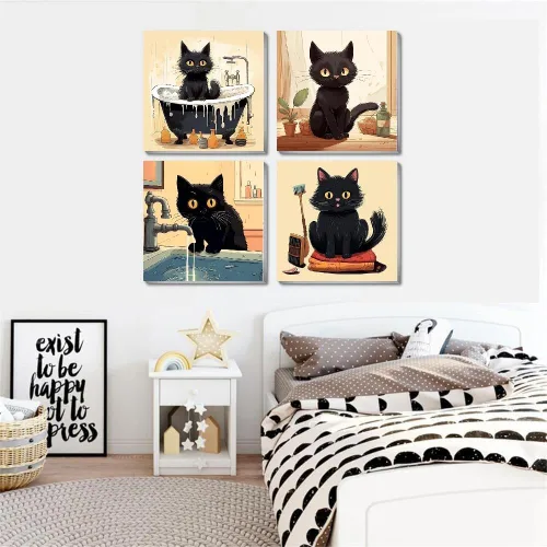 Vista 4 de Divertido kit de pintura por números de gato negro para adultos principiantes, paquete de 4 kits de pintura al óleo acrílica de gato negro