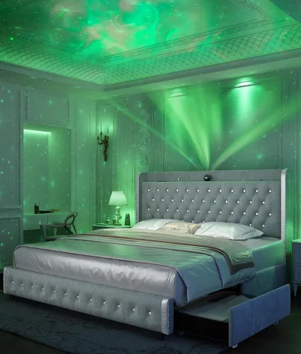 Vista 9 de GEGOFORU Base de cama Queen con luces LED y proyector de galaxia, moderna plataforma con respaldo alado con 4 cajones de almacenamiento, puertos