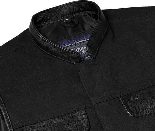 Vista 5 de Daniel Smart - Chaleco para hombre, material de lona con detalles de cuero, chaleco de motocicleta para hombre con bolsillo oculto