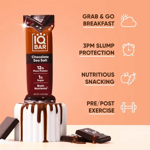 Vista 6 de IQBAR Clean Plant - Barras de proteínas de chocolate, sal marina y arándano silvestre, paquete de 12 unidades, keto, vegano, alto en fibra, sin