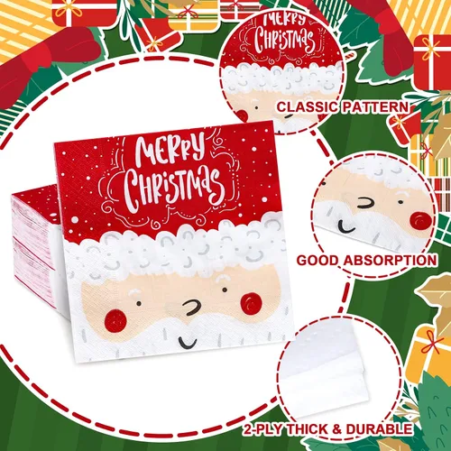 Vista 3 de Whaline Paquete de 100 servilletas de papel con diseño de Papá Noel, servilletas desechables rojas y blancas para el almuerzo, servilletas