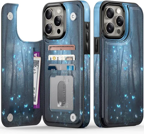 Vista 154 de FUNMIKO Funda tipo cartera para iPhone 15 con tarjetero + clip para efectivo, bloqueo RFID, protección contra caídas de grado militar y obras