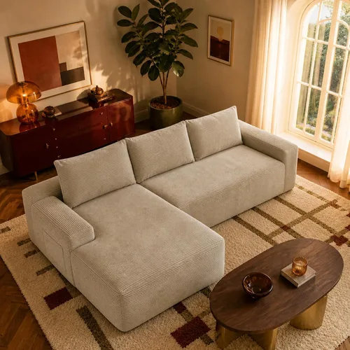 Vista 18 de Sofá seccional negro de 96.9 pulgadas, sofá modular de pana sin hueso con resortes y espuma de alta resistencia, asiento profundo compacto de gran