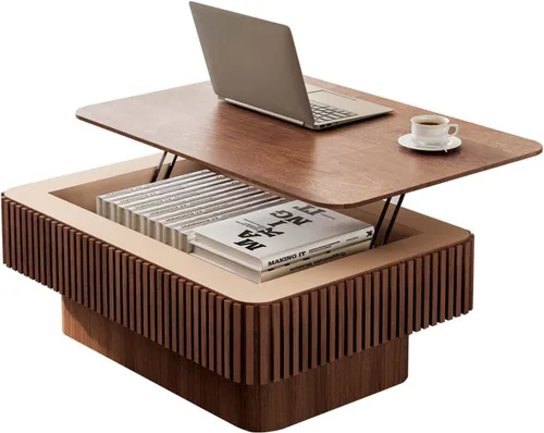 Vista 18 de Mesa de café cuadrada pequeña con almacenamiento, mesa de café moderna de madera con chapa de madera maciza, mesa central estriada