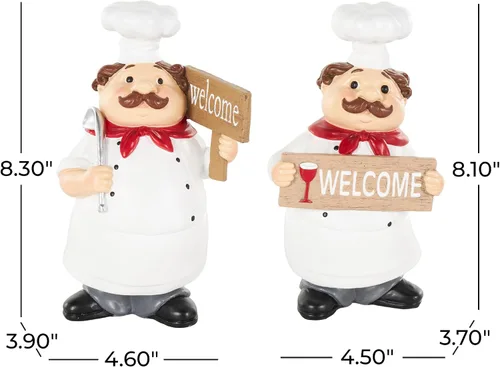 Vista 6 de Deco 79 Polystone - Escultura decorativa de chef, estatuas decorativas de cocina con letreros de bienvenida, juego de 2 figuras decorativas de 5
