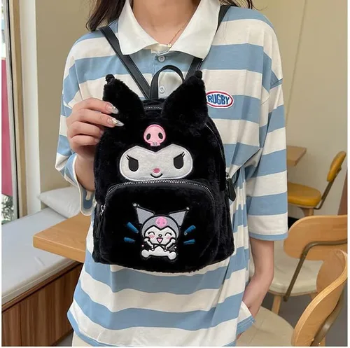 Vista 2 de Mini mochilas lindas de felpa peluda mochilas para niñas mochilas para niños mochila kawaii gran regalo, negro (Black Plush), Computadora portátil