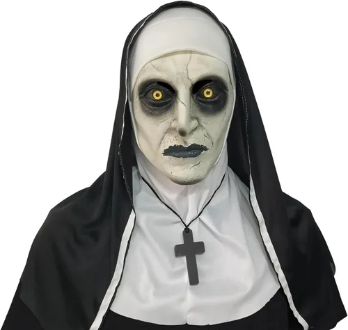 Vista 8 de Máscara de terror de monja 2024, máscara de disfraz de cabeza completa con collar de cruz para fiesta de Halloween