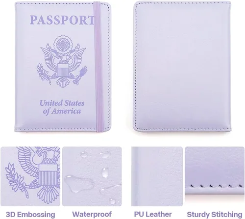 Vista 4 de Soporte para pasaporte y tarjetero de vacuna, cartera para pasaporte, funda para pasaporte con bloqueo RFID, Púrpura, Compacto