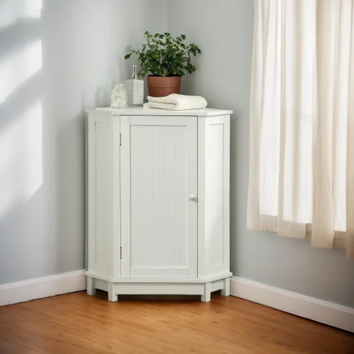 Vista 9 de Gabinete de almacenamiento de esquina para el hogar, gabinete de piso triangular para baño, gabinete de esquina independiente de madera con puerta