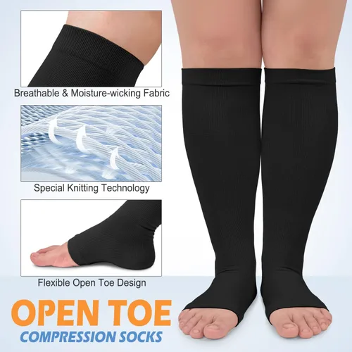 Vista 4 de Paquete de 3 calcetines de compresión de cobre para mujeres y hombres, 20-30 mmHg con punta abierta hasta la rodilla, medias altas para soporte