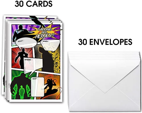 Vista 4 de ukebobo 30 invitaciones de fiesta de cumpleaños de superhéroes con sobres, doble cara, invitaciones de fiesta de superhéroes estilo cómic