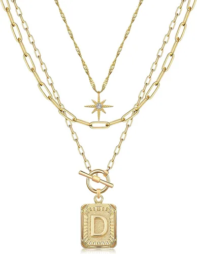 Vista 39 de MJartoria Collares con iniciales en capas para mujer, modernos, chapados en oro de 14 quilates, cadena de papel, collar sencillo con dije de Dorado
