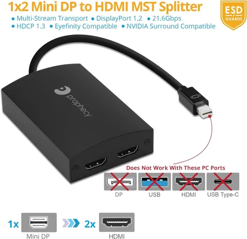 Vista 2 de gofanco Prophecy - Adaptador de monitor múltiple Mini DisplayPort a HDMI dual de 1x2 (4K @30 Hz), mDP a 2 puertos HDMI MST Hub para pantallas