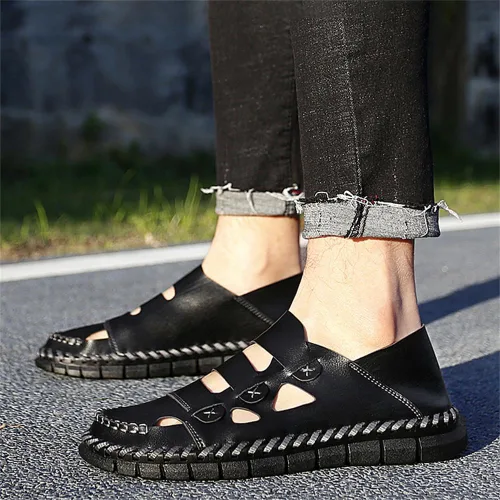 Vista 6 de Sandalias de cuero para hombre, sandalias de senderismo para playa, zapatos cómodos de verano, zapatos de senderismo, deportes al aire libre