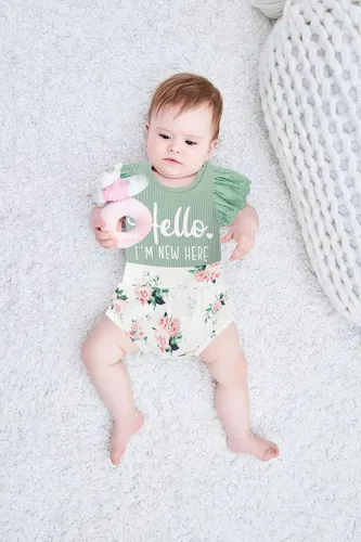 Vista 6 de Ropa de bebé niña, mameluco de encaje con volantes de verano para recién nacido + pantalones cortos florales, 3 piezas, sesión de fotos para niños