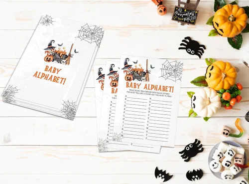 Vista 4 de Juego del alfabeto de Halloween para bebé, juego de Halloween para baby shower, decoraciones de baby shower, suministros de fiesta de revelación