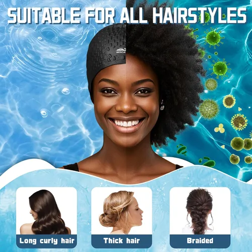 Vista 4 de Whlae Gorro de natación extra grande, con una correa de silicona duradera y diseño de oreja impermeable, adecuado para cabello largo, cabello rizado