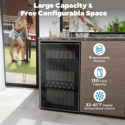 Vista 2 de Kndko Refrigerador de bebidas – Mini refrigerador para 130 latas con estantes ajustables, puerta de cristal, control digital de temperatura, Negro