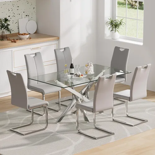 Vista 23 de Juego de mesa de comedor de cristal para 4, juego de mesa de cocina moderno de 5 piezas 52''Rectangular Glass Dining Set with 4 PU Leather